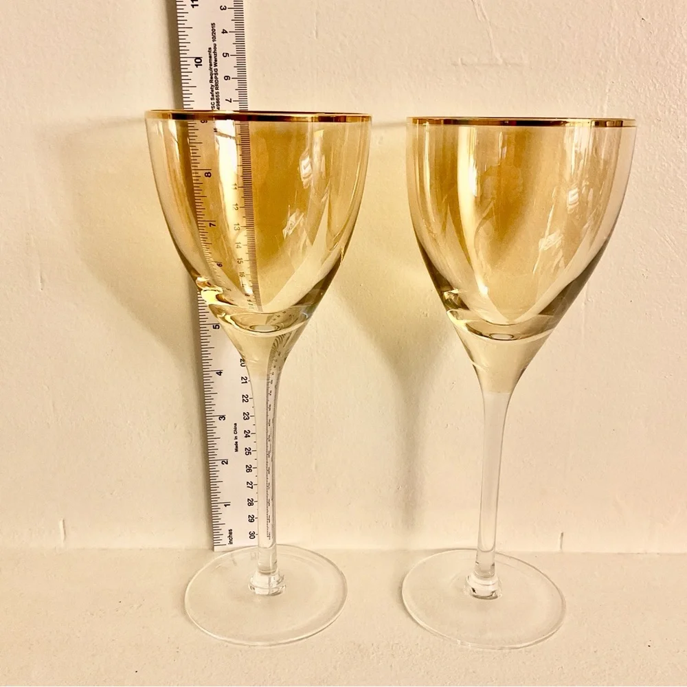 Anthropologie Gold Rim Iridescent Amber Wine Glasses 9.25” Set of 2 - Picture 4 of 6